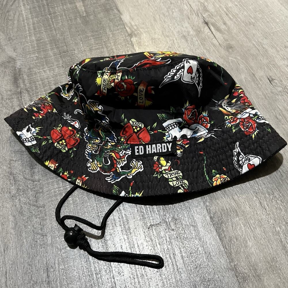 ED Hardy Bucket Hat (B23) Black Nylon "True Love" Dragon Ace Of Hearts